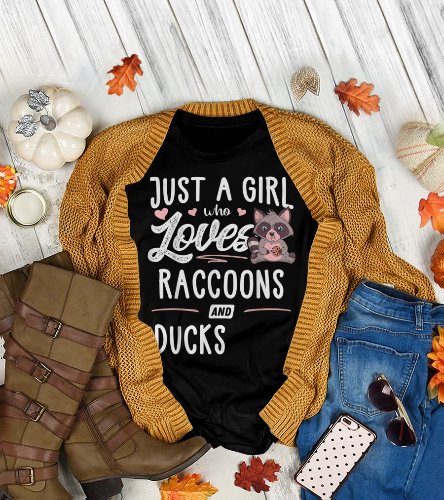 Just A Girl Who Loves Raccoons And Ducks With Cute Raccoon Holding Cookie T-Shirt