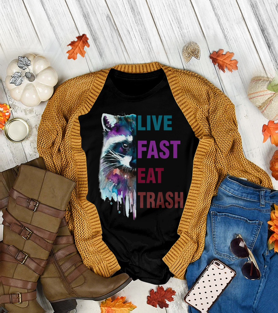 Live Fast Eat Trash Half Raccoon Lovers Watercolor Splatter T-Shirt