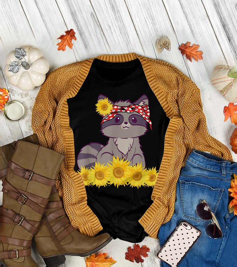 Raccoon with Red Bandana Surrounded by Sunflowers T-Shirt
