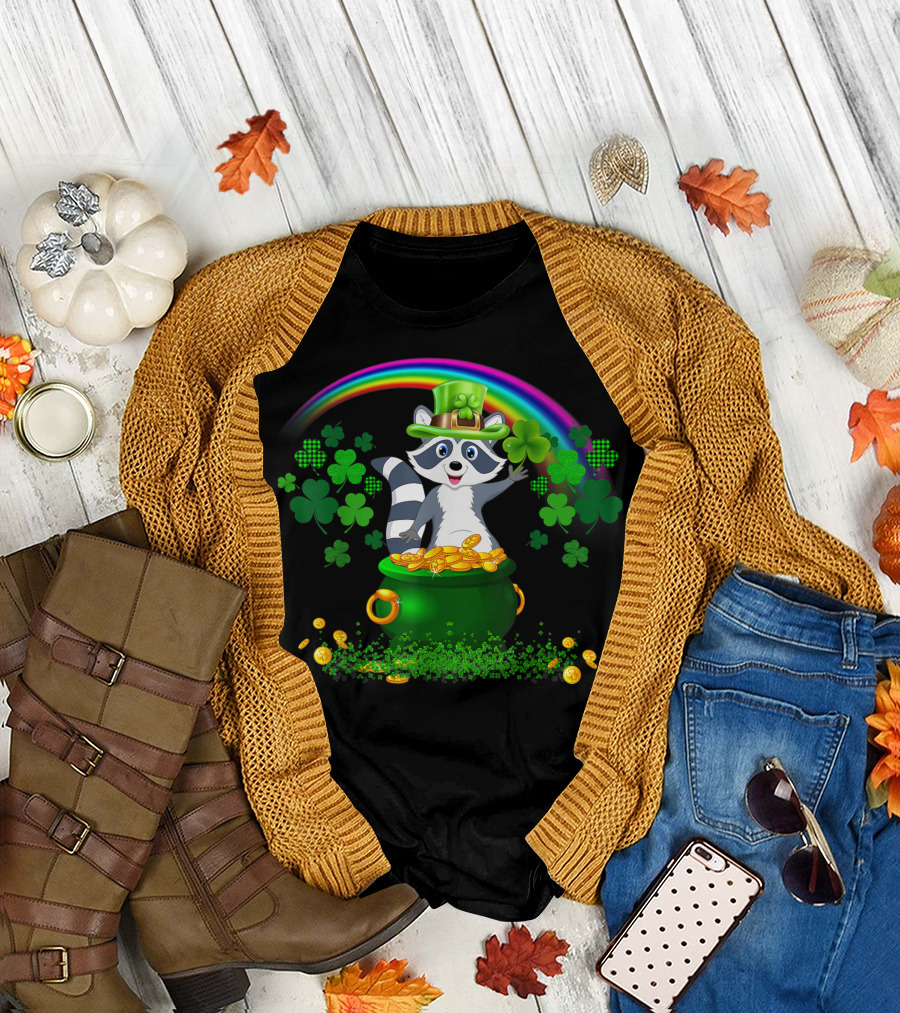 Raccoon with Shamrock Hat Holding Clover and Gold Coins by a Rainbow T-Shirt