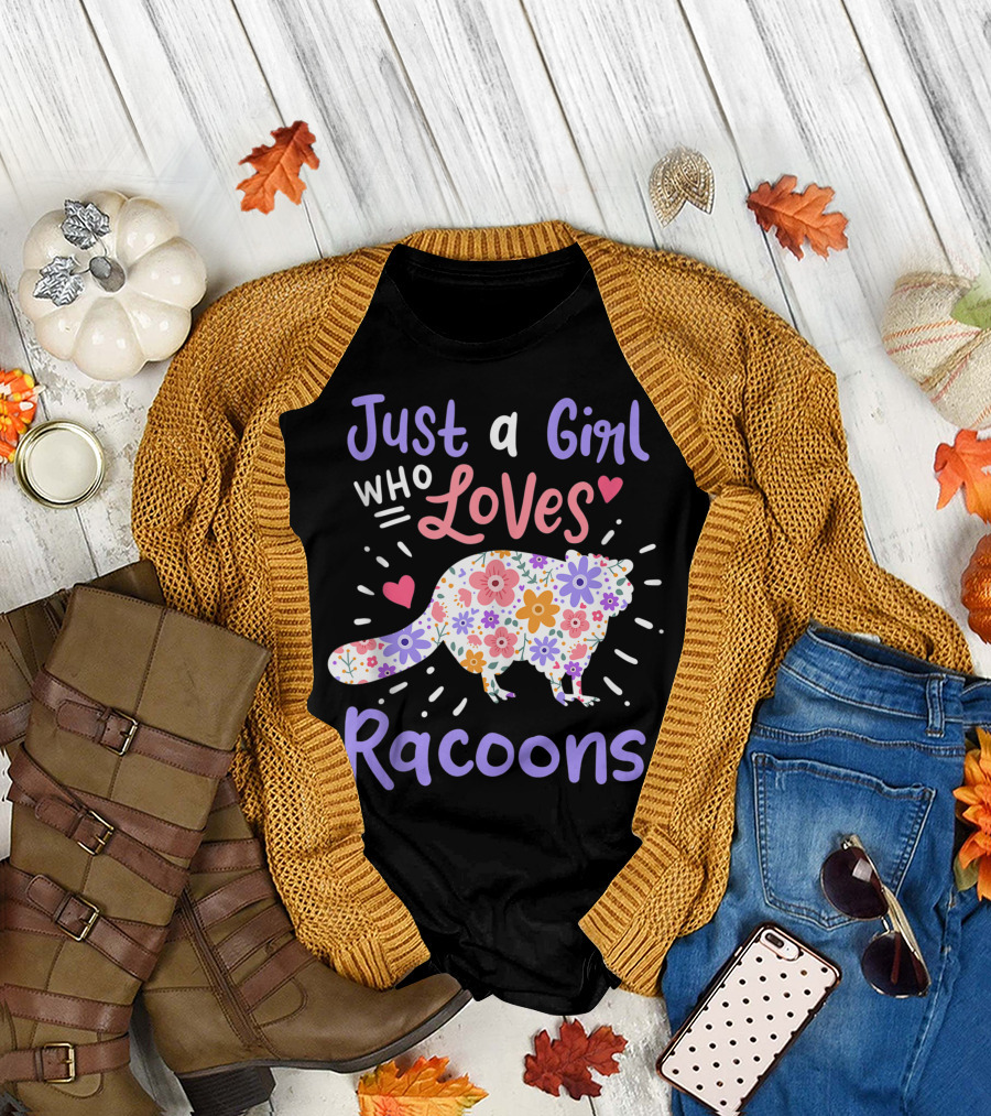 Just a Girl Who Loves Flower Pattern Raccoons T-Shirt