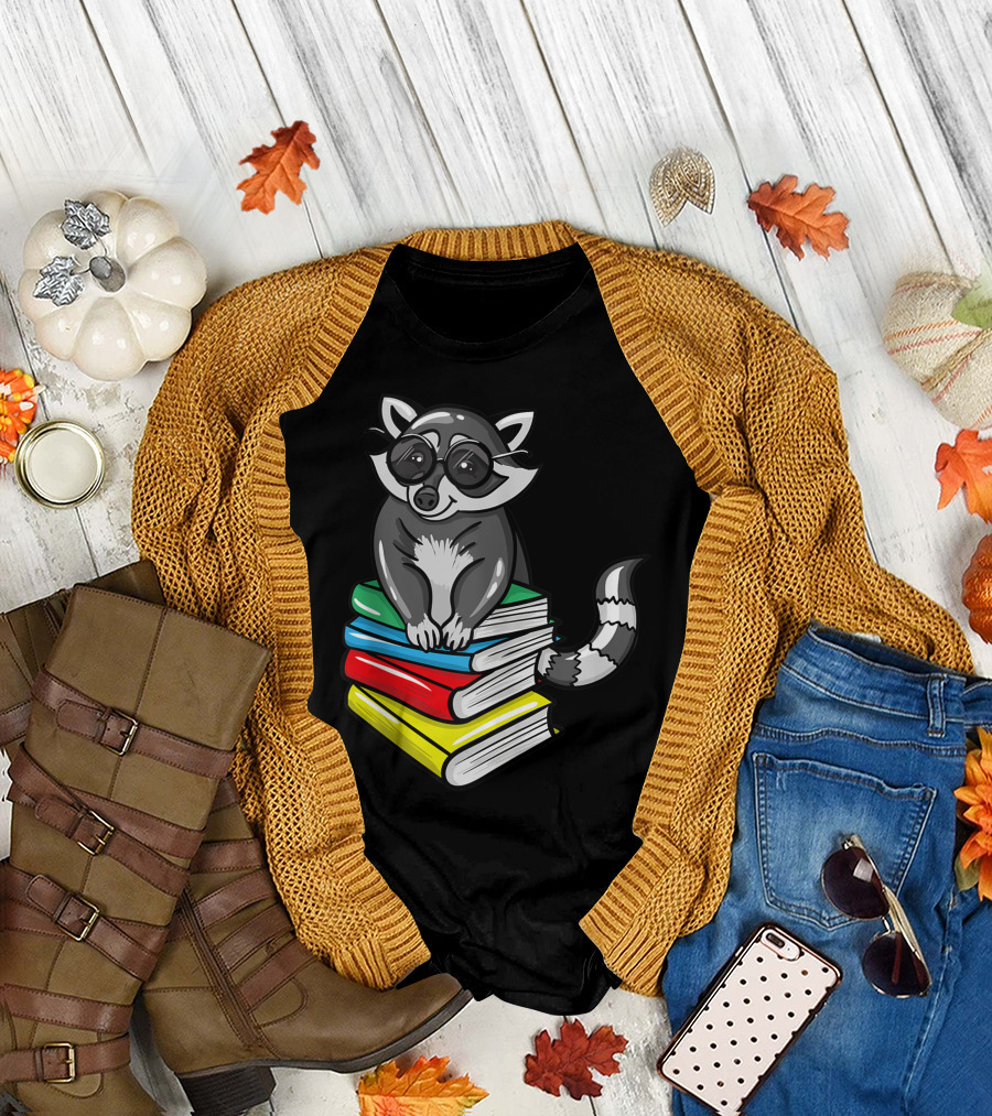 Raccoon Reading Book Lover Bookworm Librarian Cute Glasses Stack Colorful Books T-Shirt
