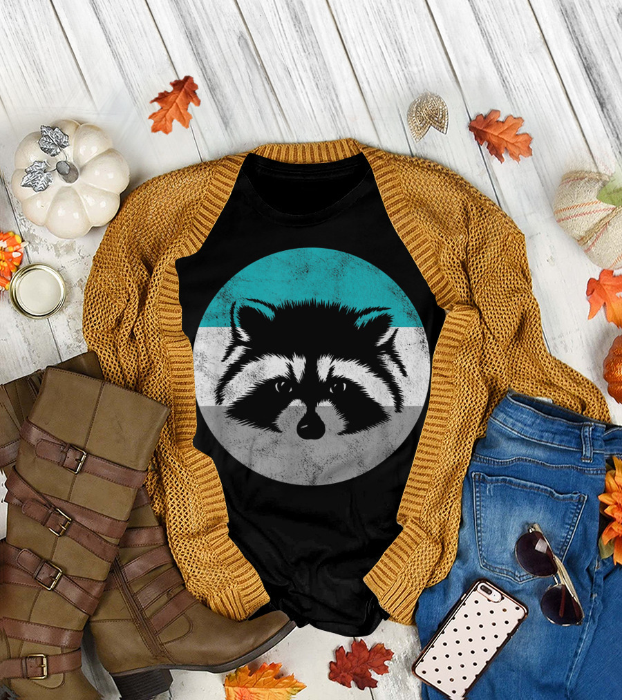 Raccoon Face Circle Turquoise White Gray Stripes T-Shirt
