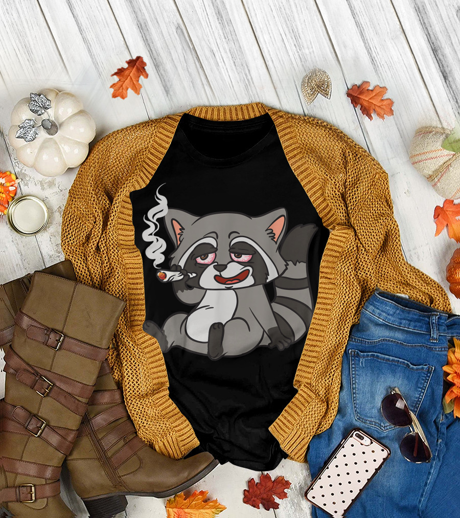 Raccoon Sweet Tooth Cannabis Marijuana THC Stoner Cartoon Smoking Joint T-Shirt