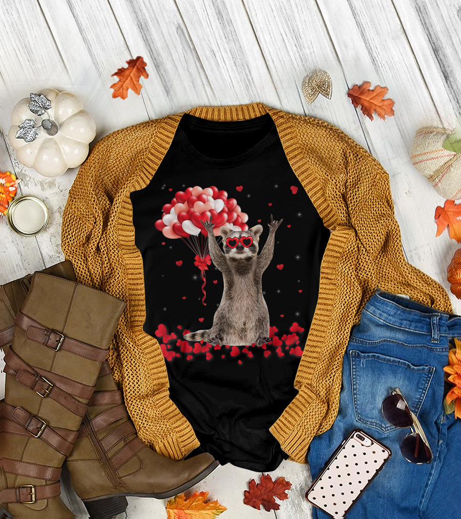 Raccoon Valentines Day Hearts Balloons Lover T-Shirt