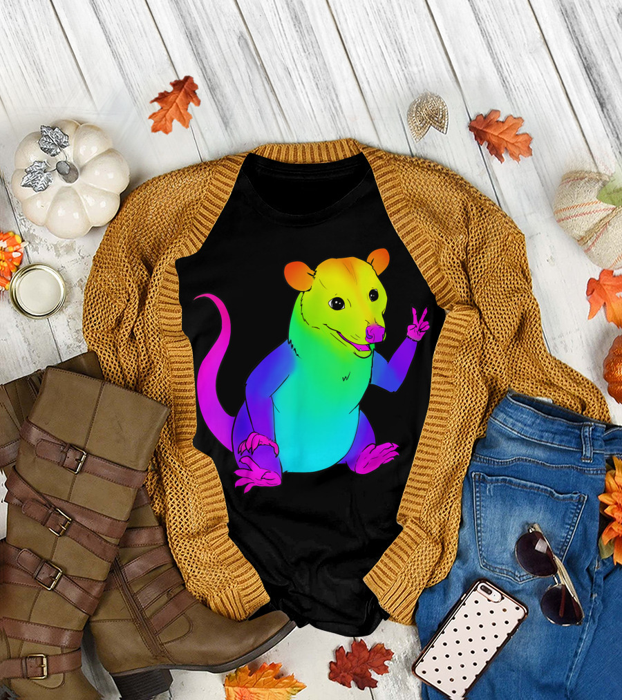 Rainbow Possum Peace Gesture Colorful Spectrum T-Shirt