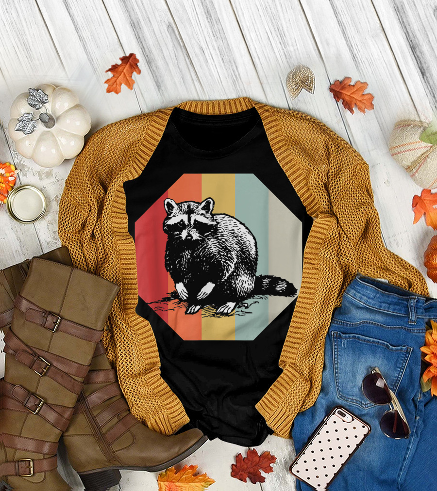 Retro Raccoon Vintage Striped Octagon T-Shirt