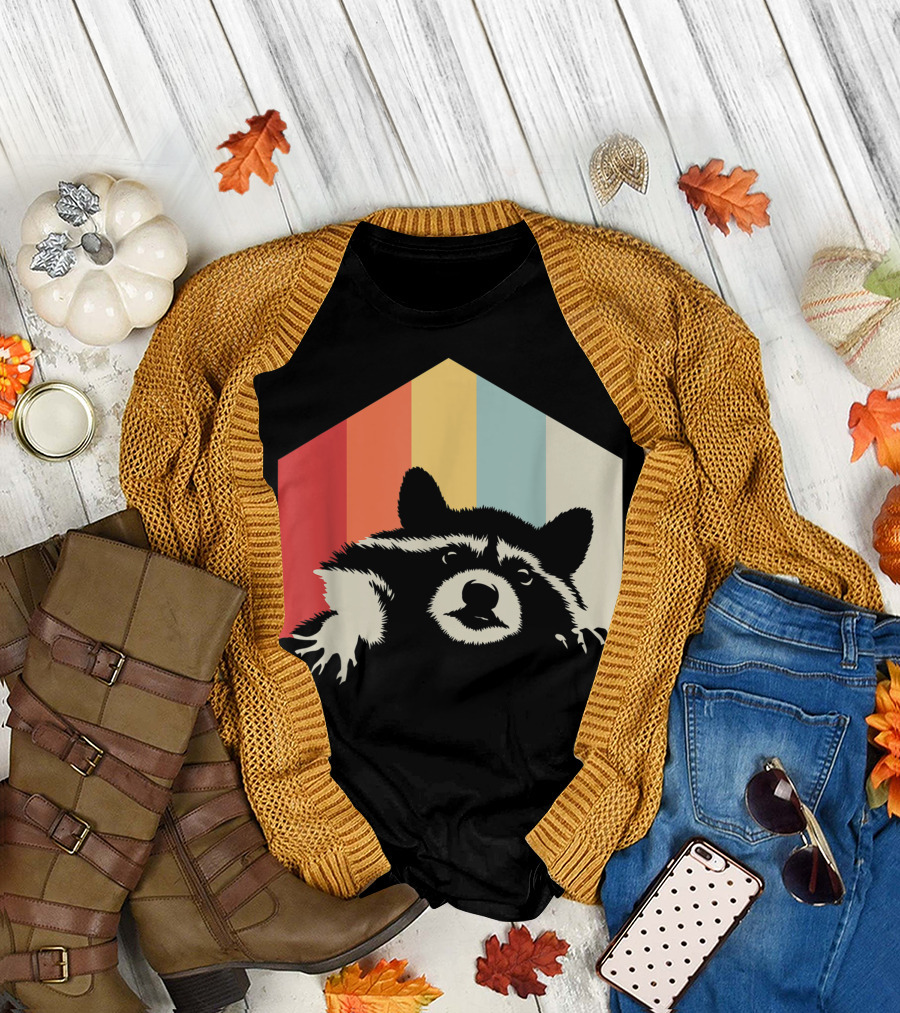 Retro Raccoon Vintage Stripes House Shape T-Shirt