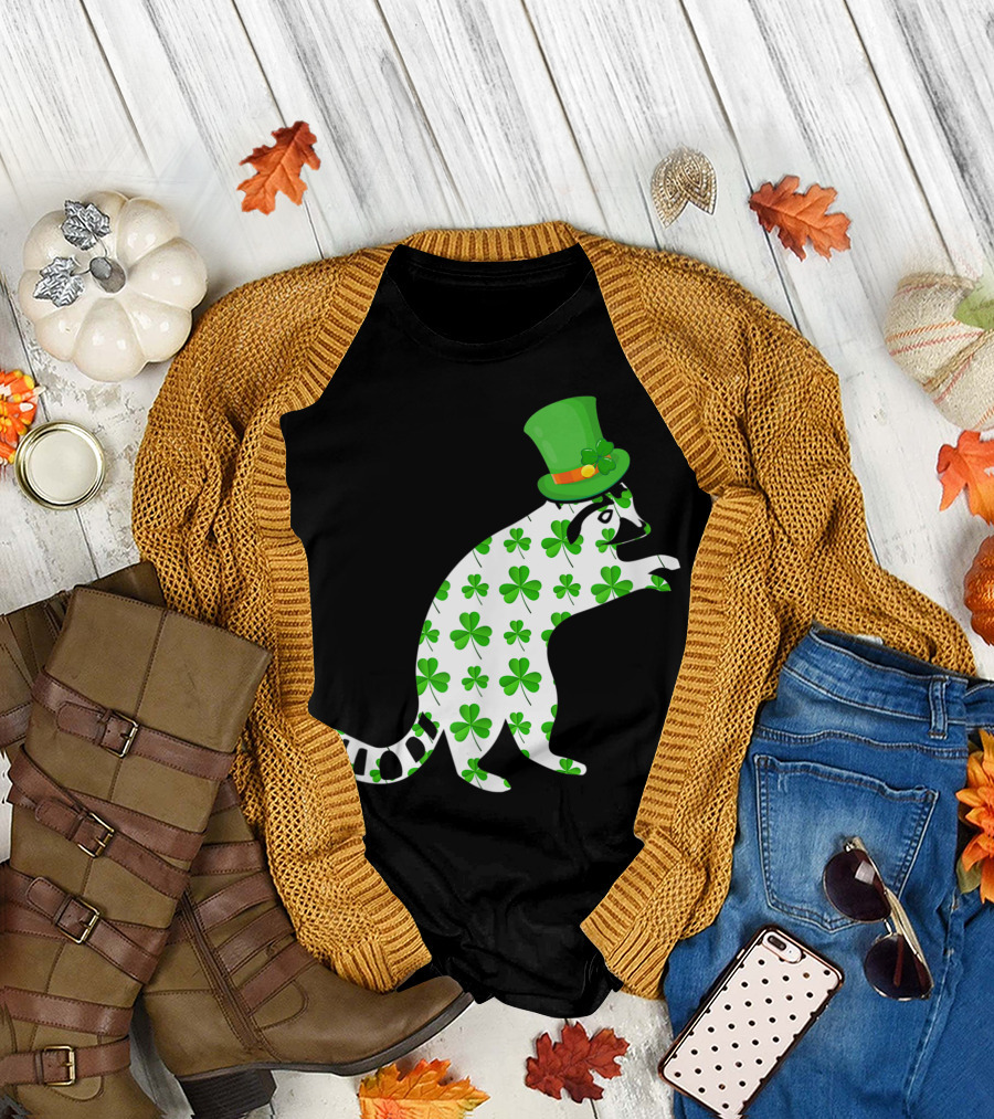 StPatricks Day Raccoon Shamrock Pattern with Green Hat T-Shirt