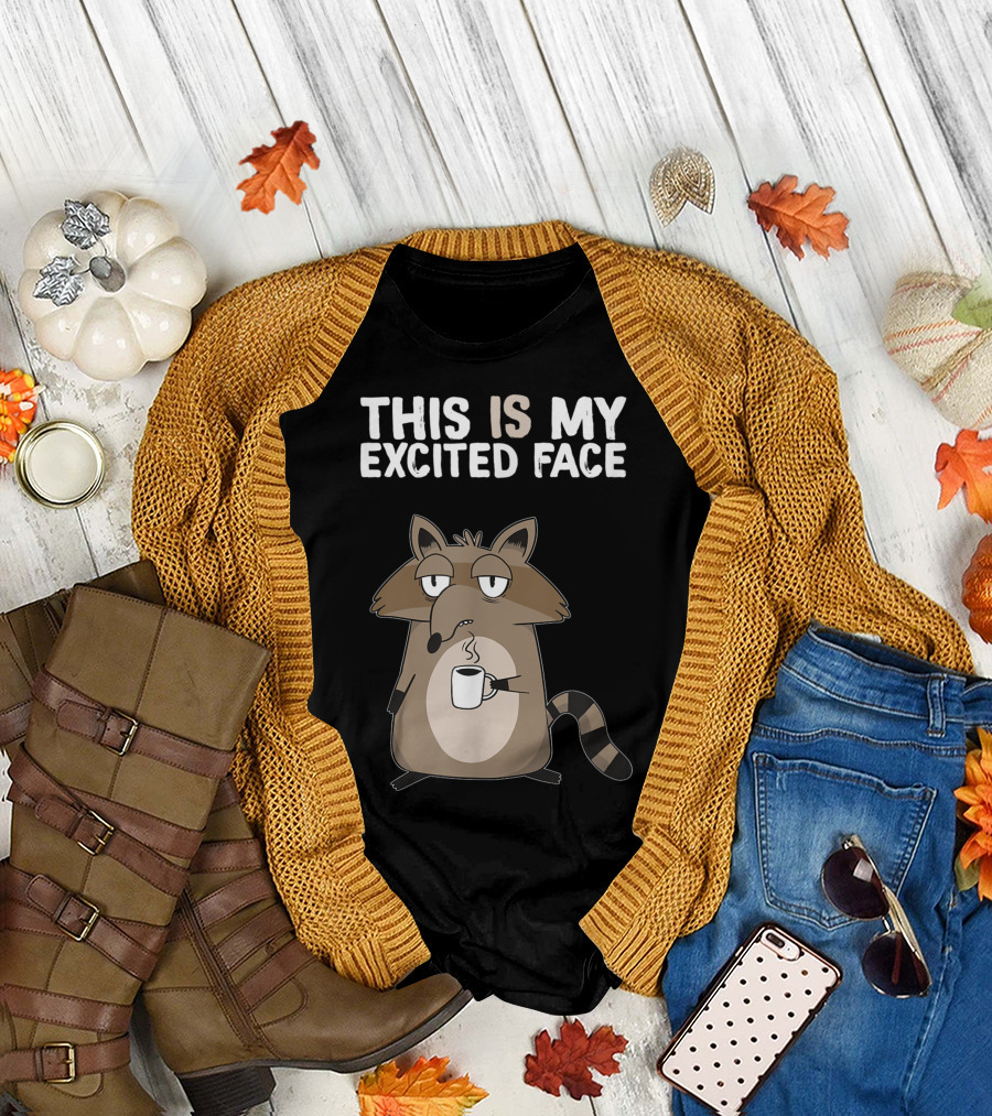 This Is My Excited Face Raccoon Drinking Coffee T-Shirt