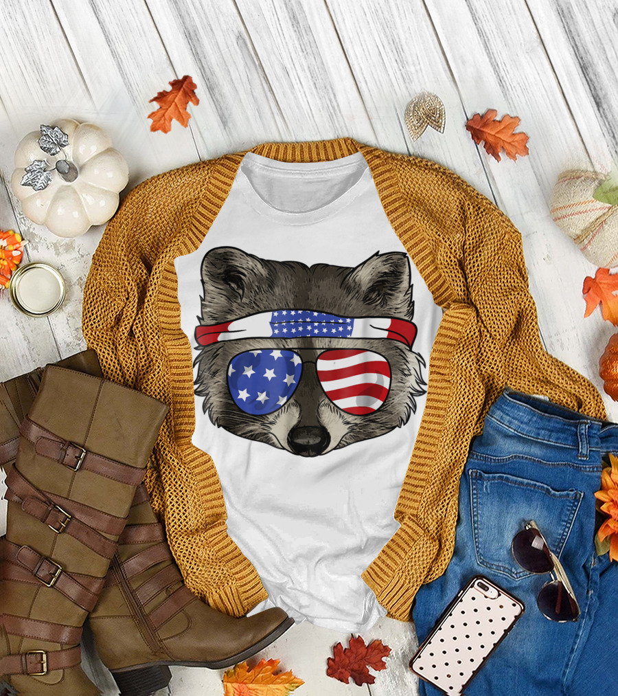 Patriotic Trash Raccoon with American Flag Bandana and Sunglasses Celebrating the USA on July T-Shirt