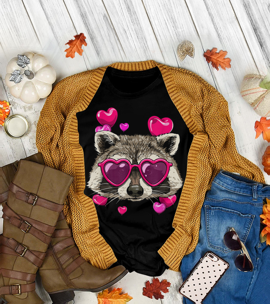 Valentines Day Raccoon Lover with Heart Sunglasses and Pink Hearts T-Shirt