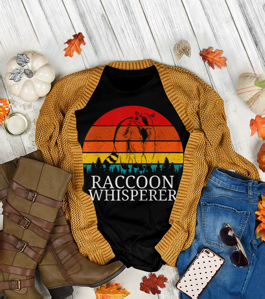 Raccoon Whisperer Vintage Distressed Sunset Forest Scene T-Shirt