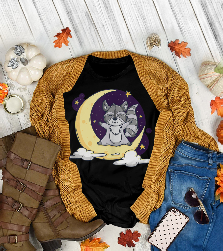 Cute Raccoon on Crescent Moon in Space with Stars and Clouds T-Shirt