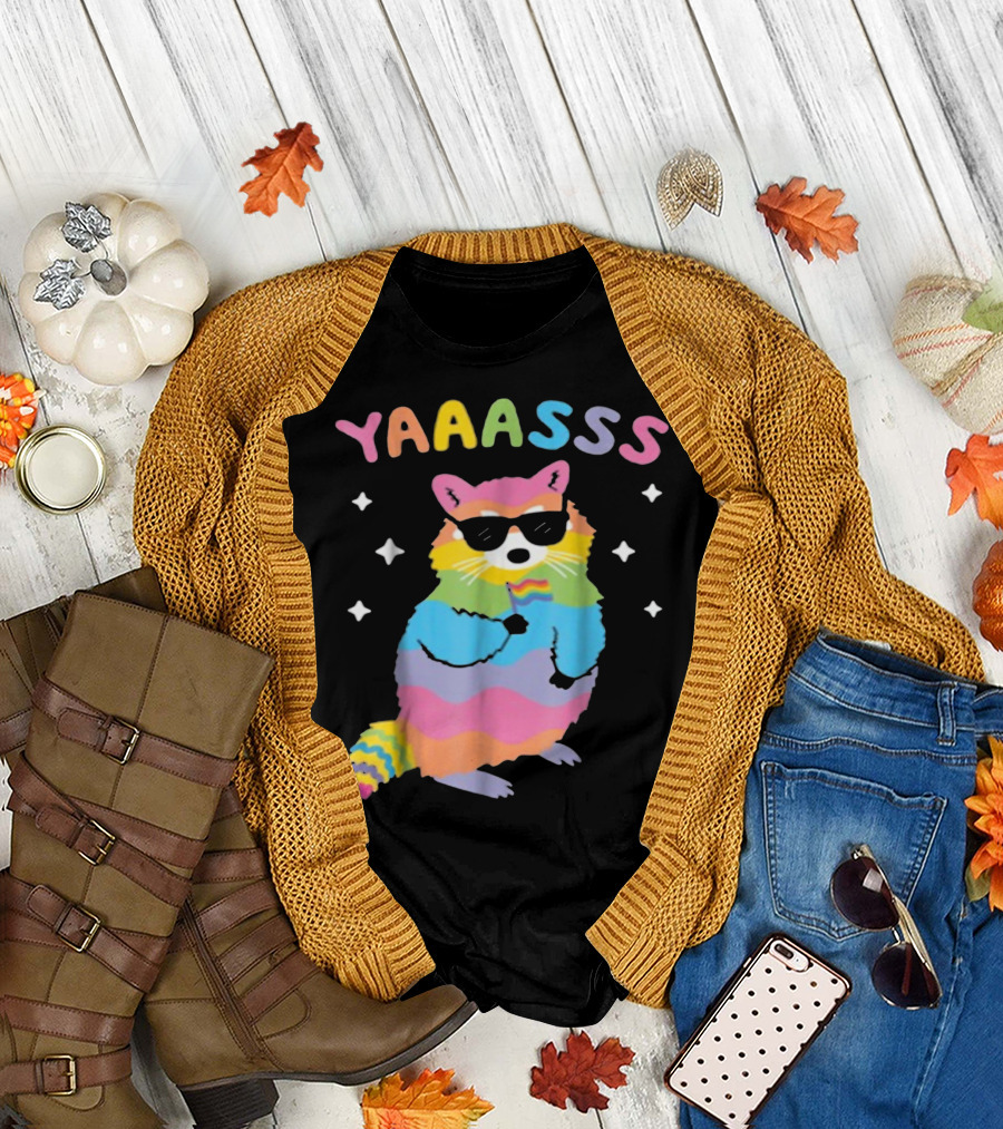 Yaaasss Rainbow Raccoon with Sunglasses and Stars T-Shirt
