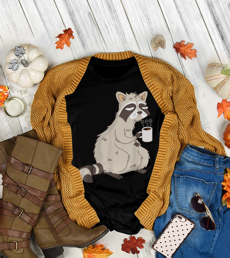 Coffee Raccoon Holding Steaming Mug T-Shirt