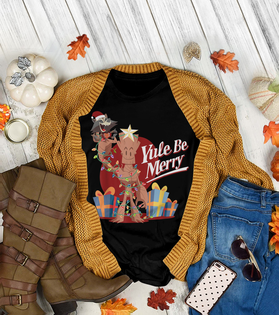 Marvel Groot and Rocket Yule Be Merry Holiday Christmas Lights Gifts T-Shirt