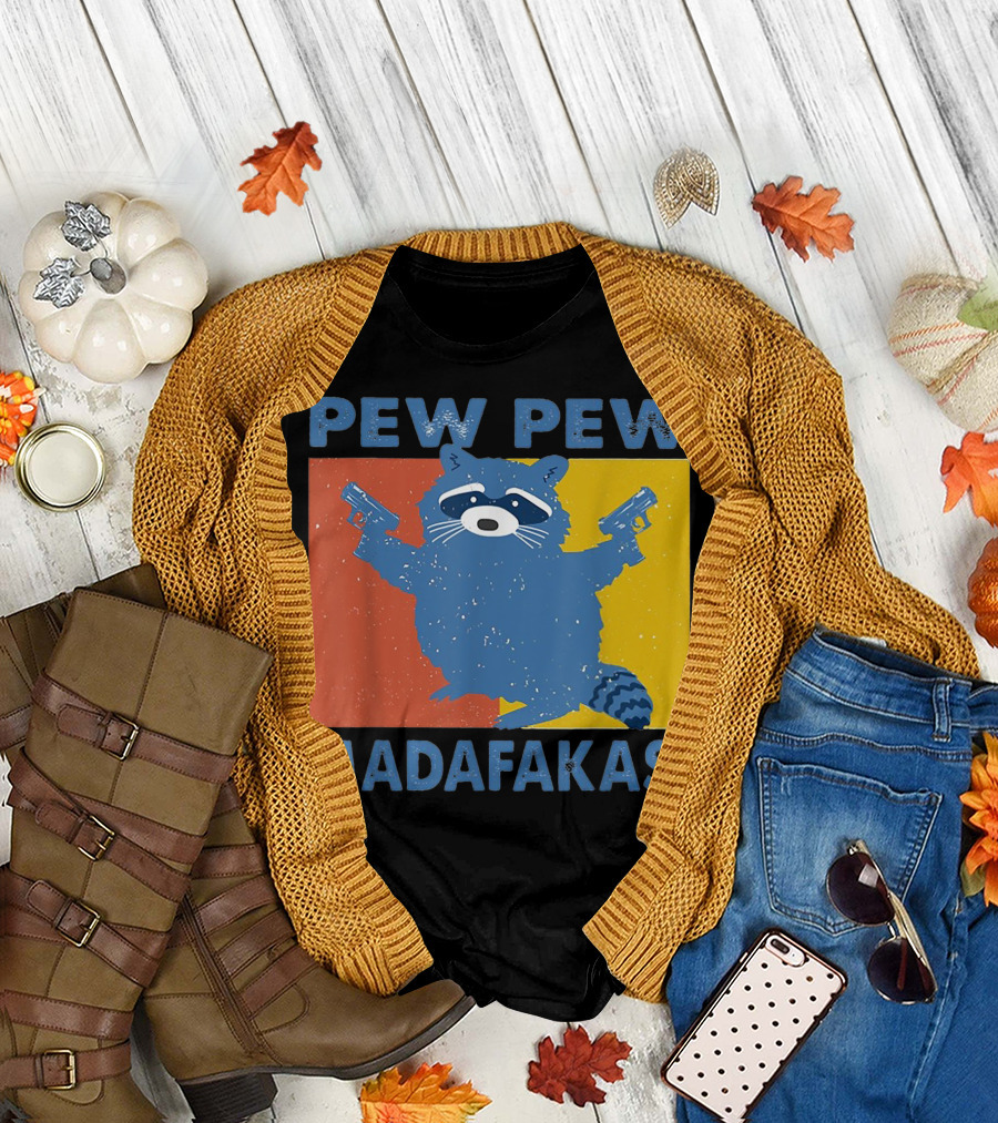 Pew Pew Madafakas Raccoon with Dual Pistols in Vintage Style Background T-Shirt