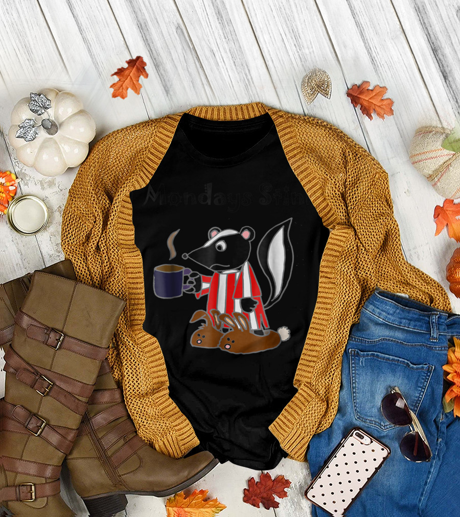 Mondays Stink Skunk Holding Coffee in Bunny Slippers T-Shirt