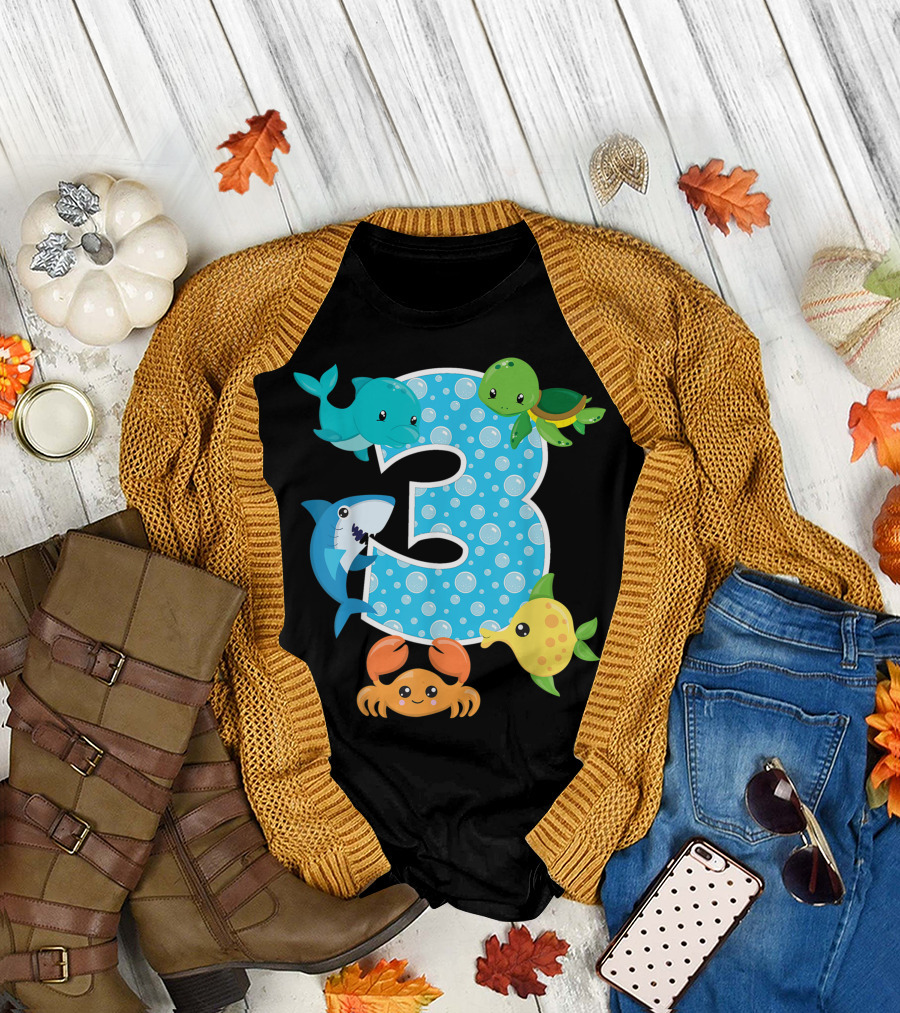 3Rd Birthday Party 3 Year Old Sea Turtle Shark Crab Fish Aquarium Birthday Boy T-Shirt