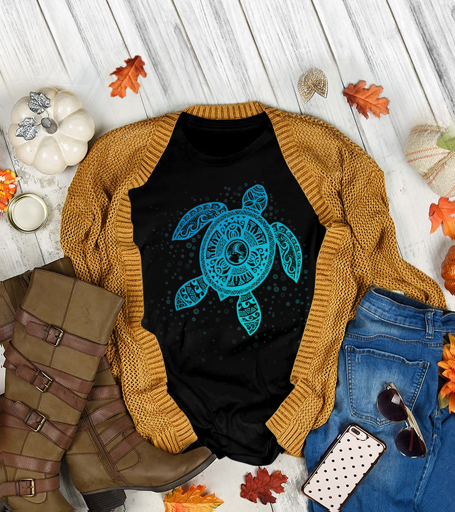 Intricate Boho Tiki Teal Sea Turtle with Bubbles T-Shirt