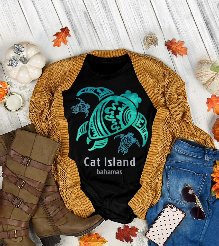 Cat Island Bahamas Sea Blue Tribal Turtle T-Shirt