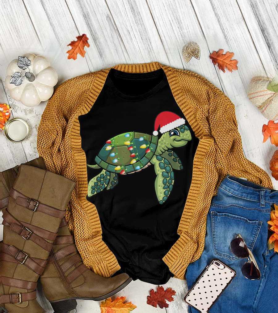 Christmas Sea Turtle Santa Hat Holiday Lights T-Shirt