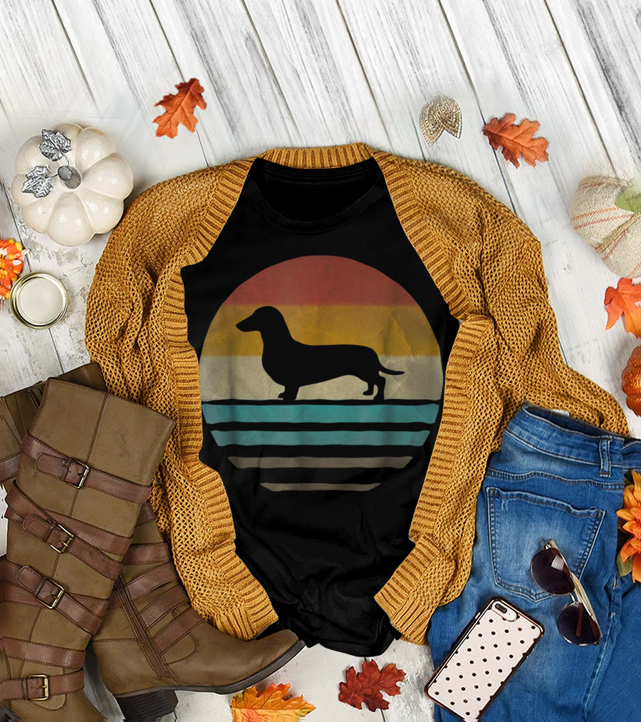 Doxie Dachshund Dog Retro 70s Striped Sunset T-Shirt