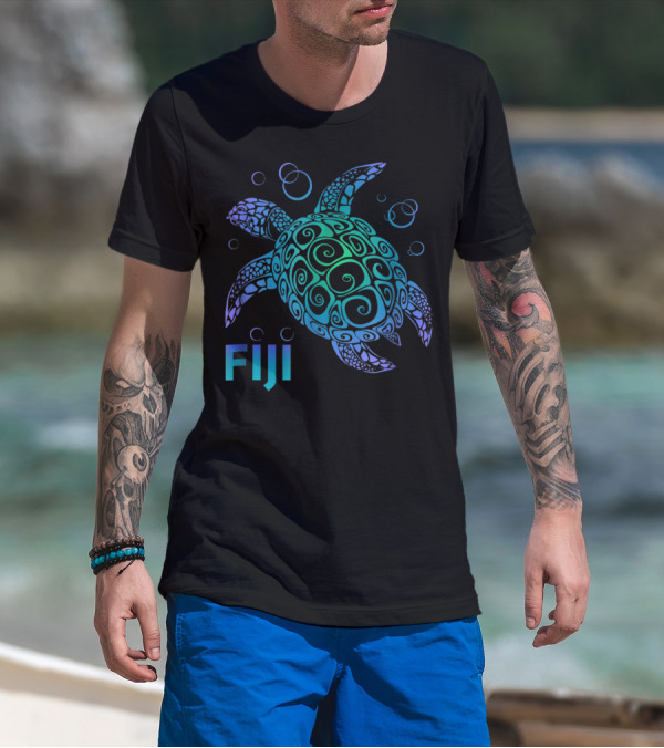 Fiji Polynesian Tribal Turtle With Ocean Bubbles T-Shirt