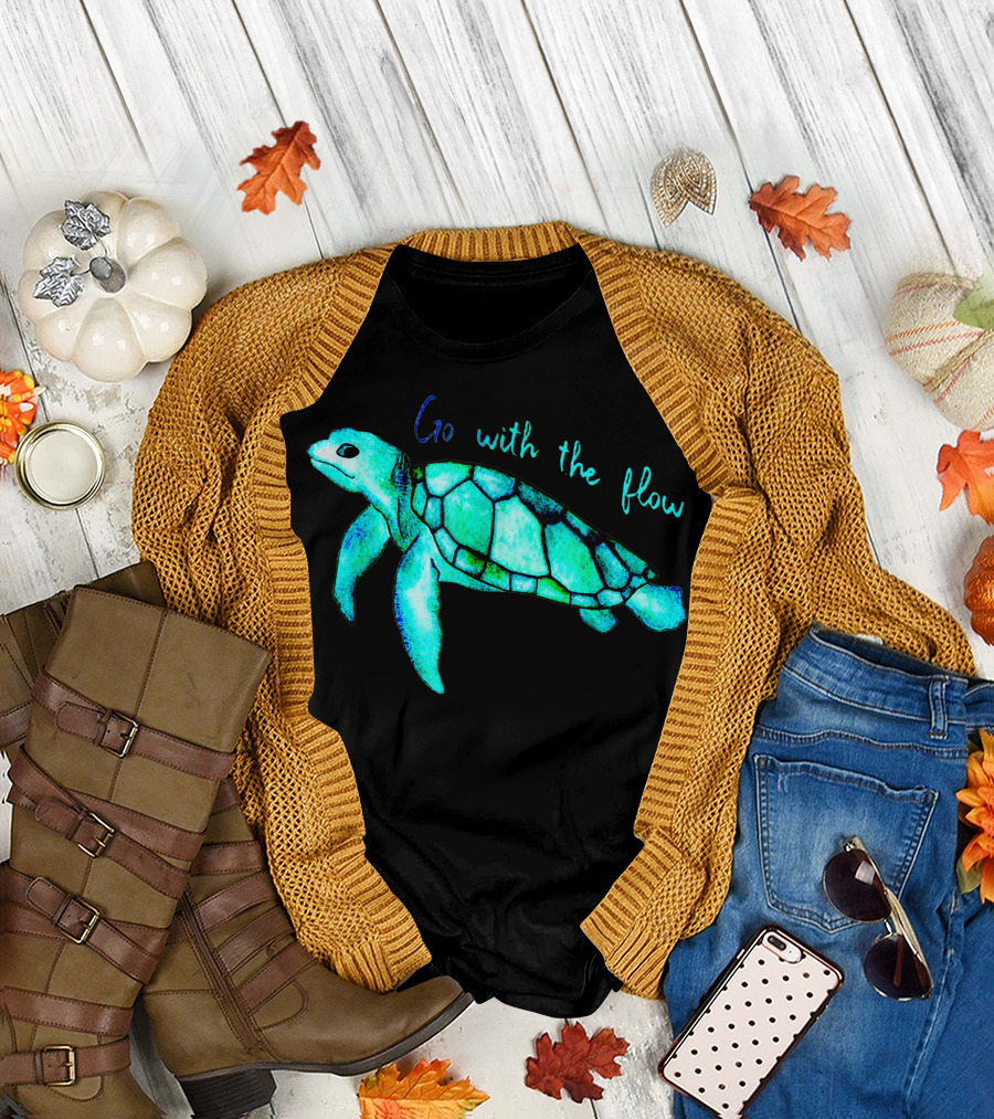 Go With the Flow Green Turtle Boy Girl Birthday T-Shirt