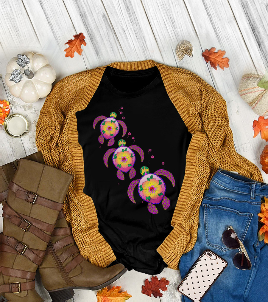 Hawaiian Ohana Honu Sea Turtles Vibrant Tropical Floral T-Shirt