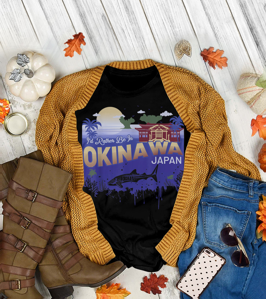 I'd Rather Be In Okinawa Japan Vintage Sunset Palm Trees Ocean Scene T-Shirt