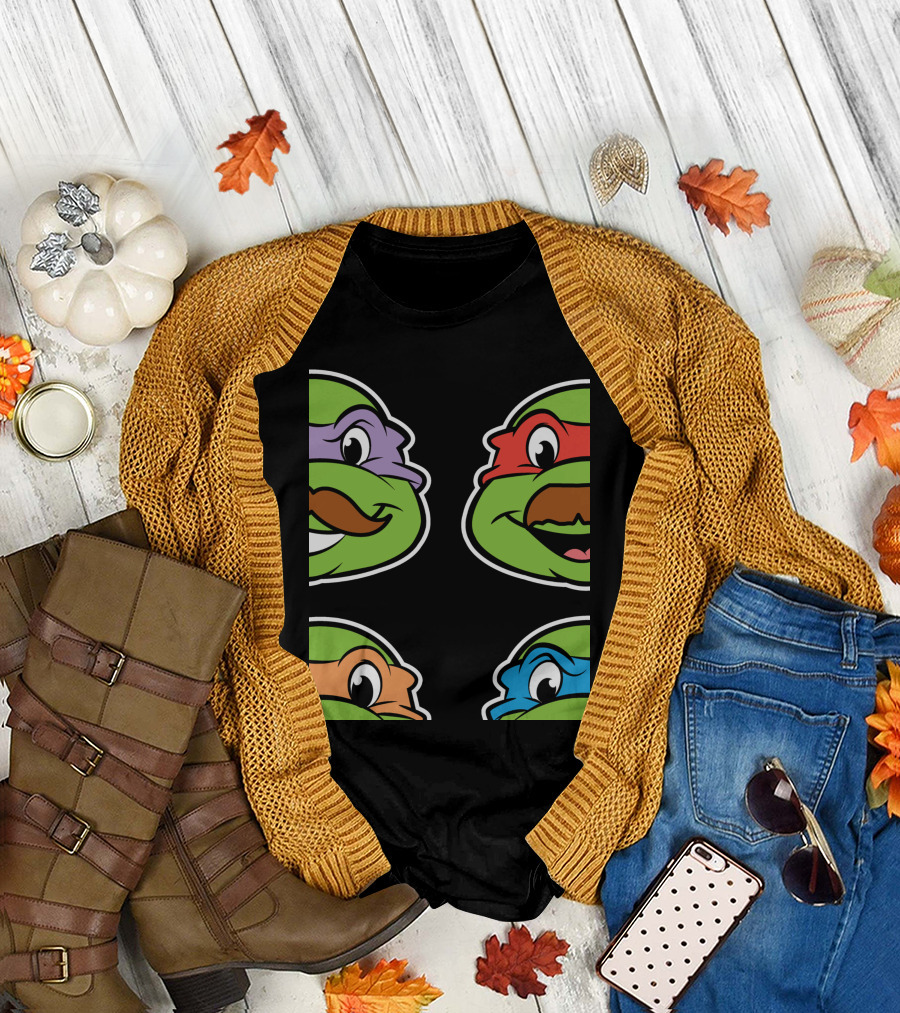 Nage Mutant Ninja Turtles Cool Stache Bro Faces Green Red Orange Blue Masks T-Shirt