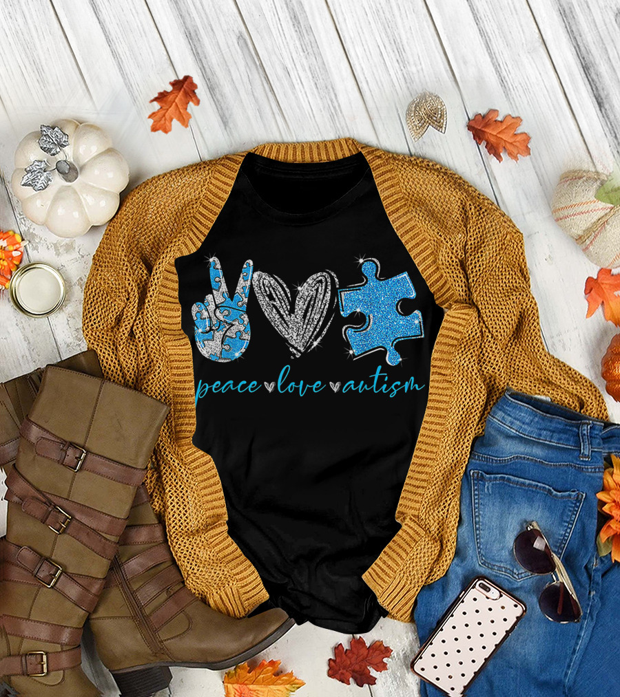 Peace Love Autism Glitter Puzzle Heart T-Shirt