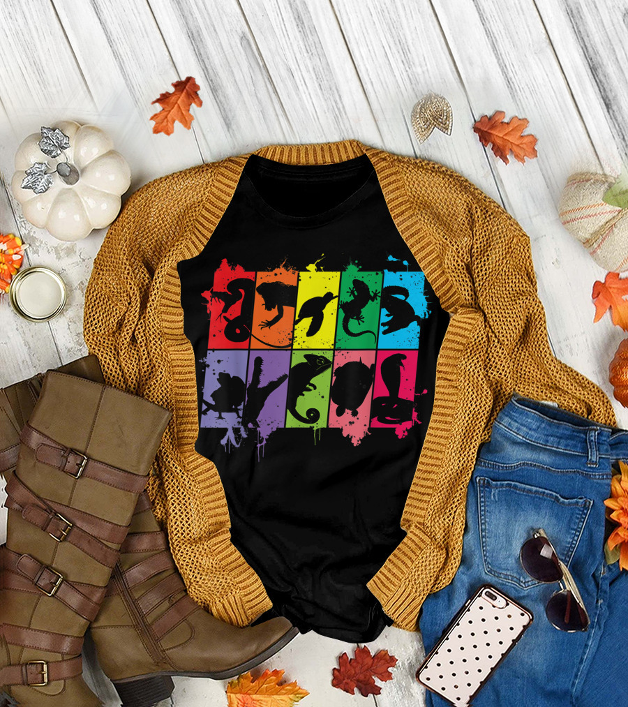 Reptile Lover Pet Snake Lizard Colorful Silhouette Blocks T-Shirt