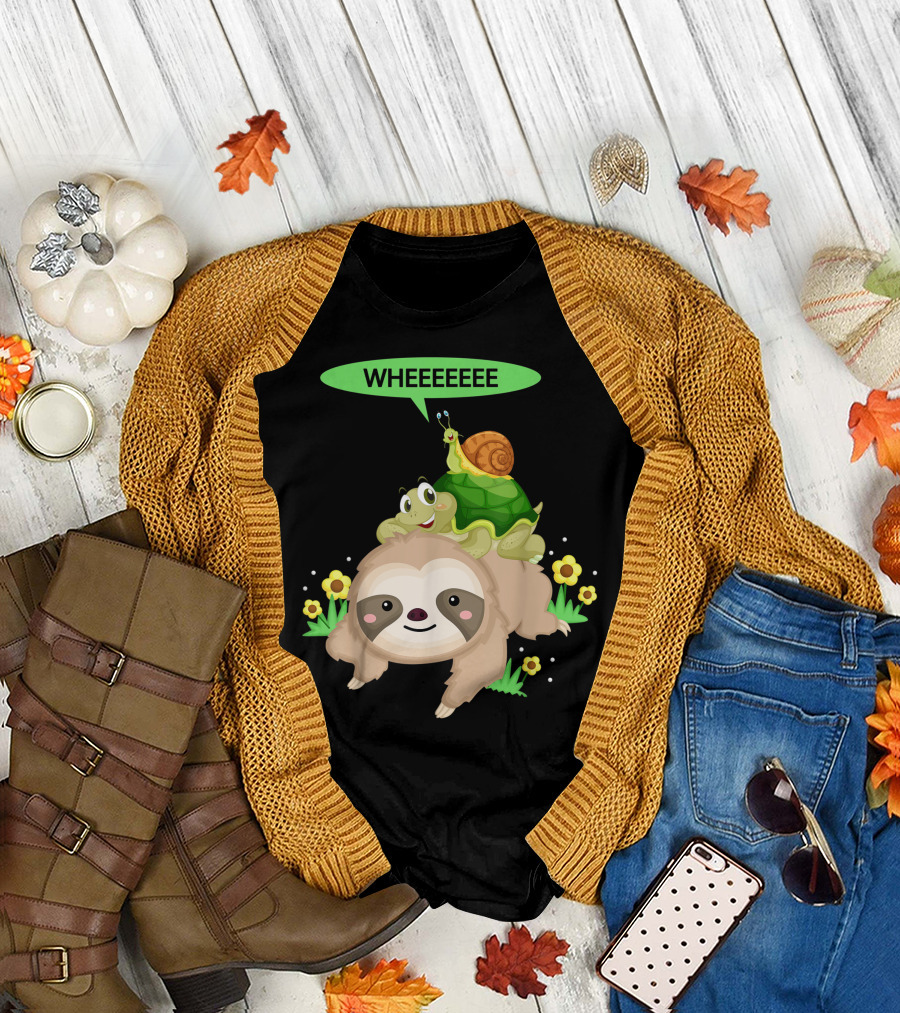 Wheeeeee Running Wild Sloth with Turtle and Snail T-Shirt