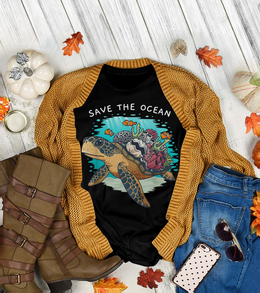 Save The Ocean Sea Turtle with Vibrant Coral Reef and Fish Environmental T-Shirt