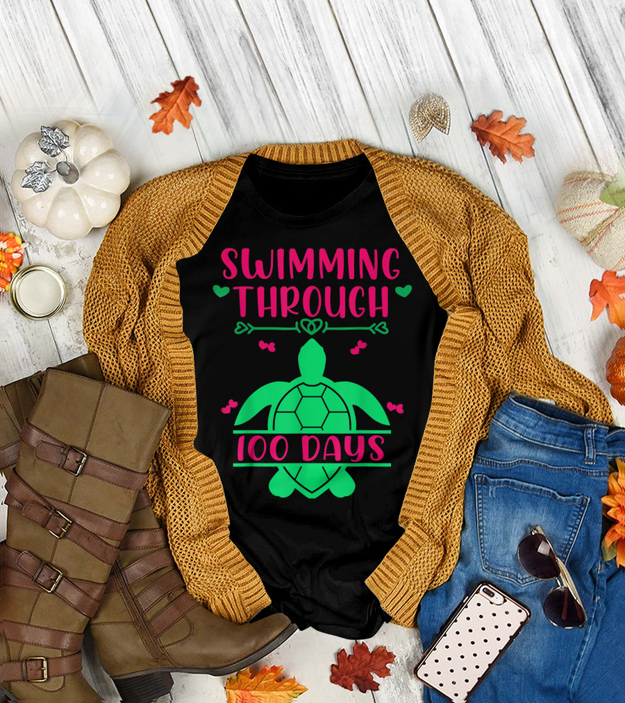 Swimming Through 100 Days Sea Turtle Teacher and Students U8 T-Shirt