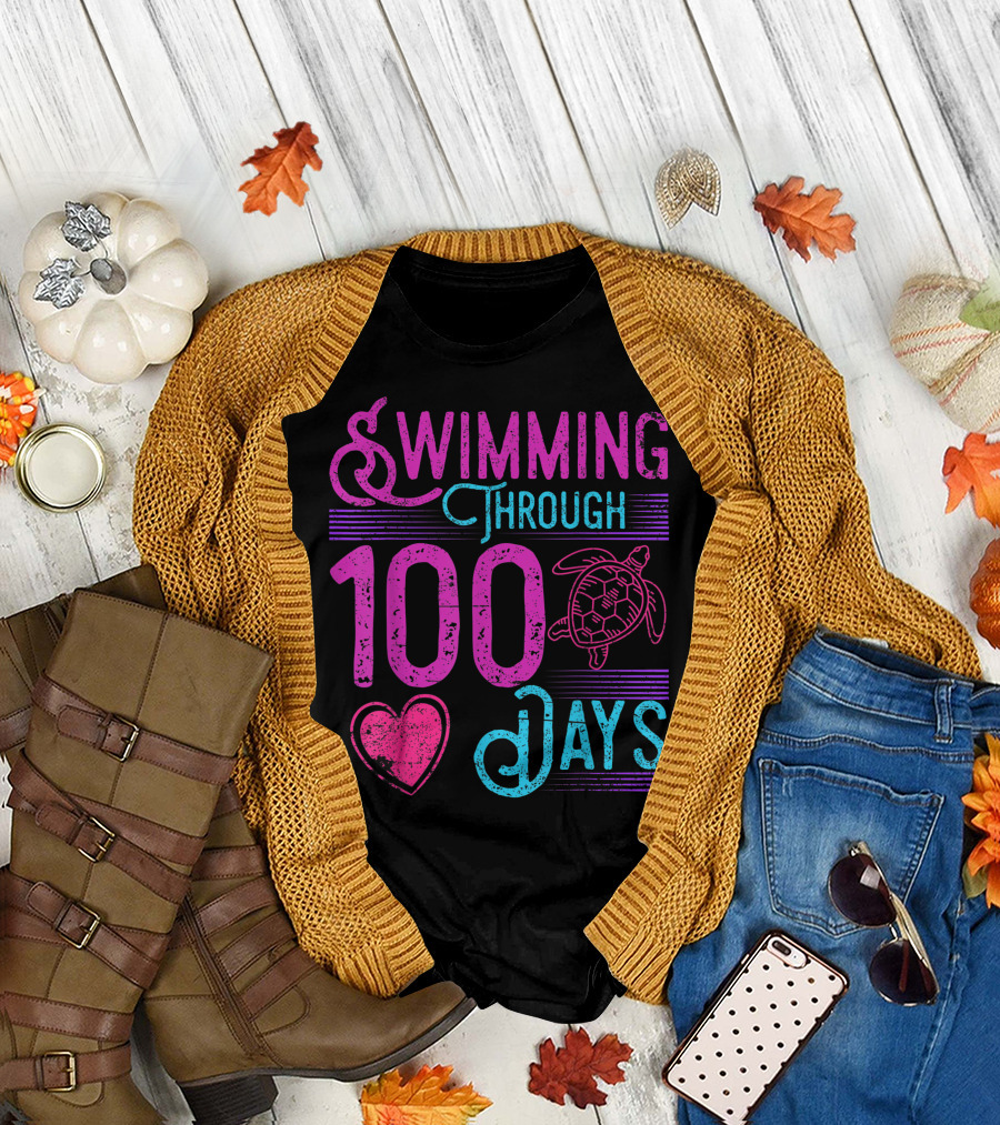 Swimming Through 100 Days with Sea Turtle and Heart T-Shirt