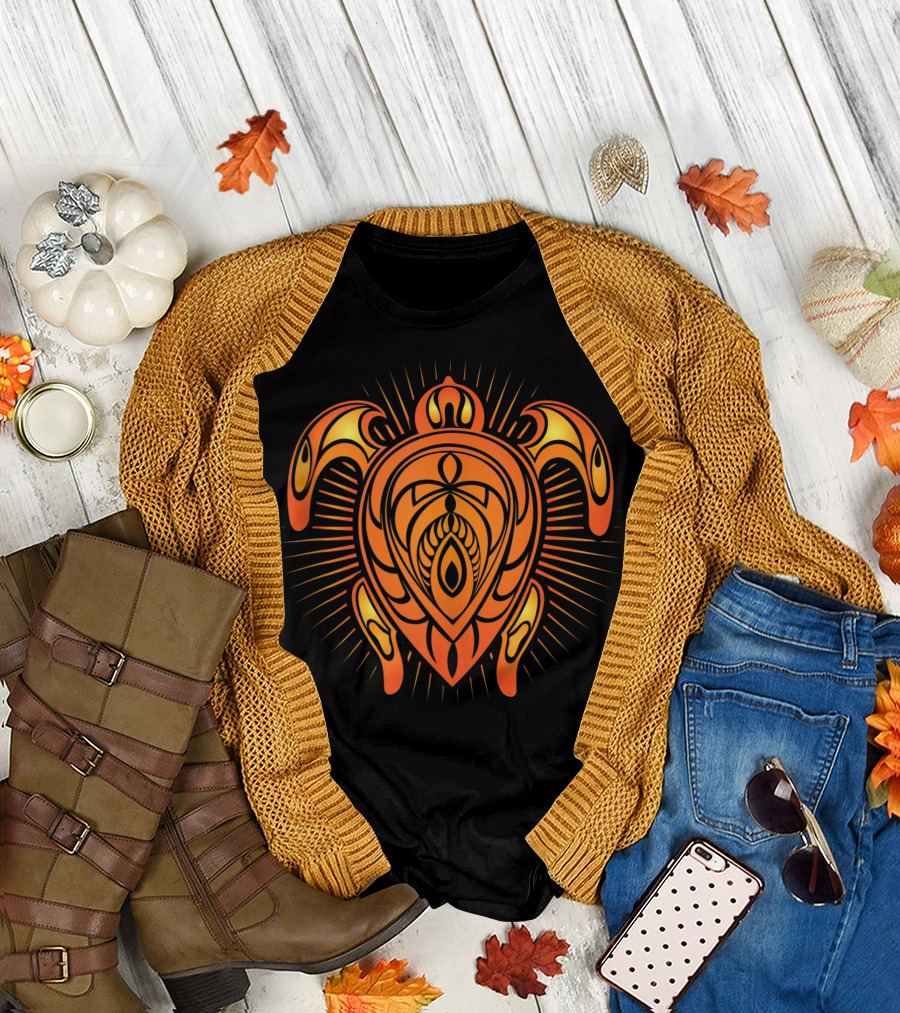 Sea Turtle Tribal Hawaiian Hawaii Turtles Lover Radiant Orange Tribal T-Shirt