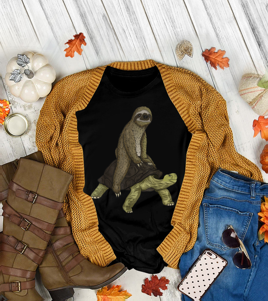 Sloth Relaxes on Tortoise Back with Turtle Speed Is Relative T-Shirt