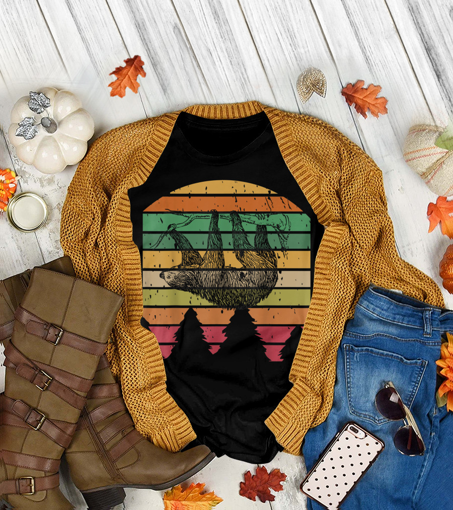 Sloth Hanging Vintage Rainbow Stripes with Pine Trees T-Shirt