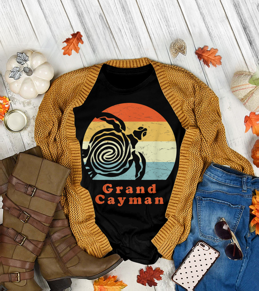 Vintage Grand Cayman Tribal Turtle Retro Sun Stripes T-Shirt