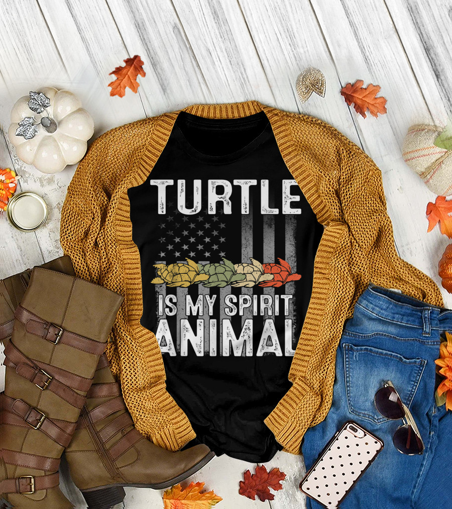 Vintage Turtle Is My Spirit Animal American Flag Lover T-Shirt