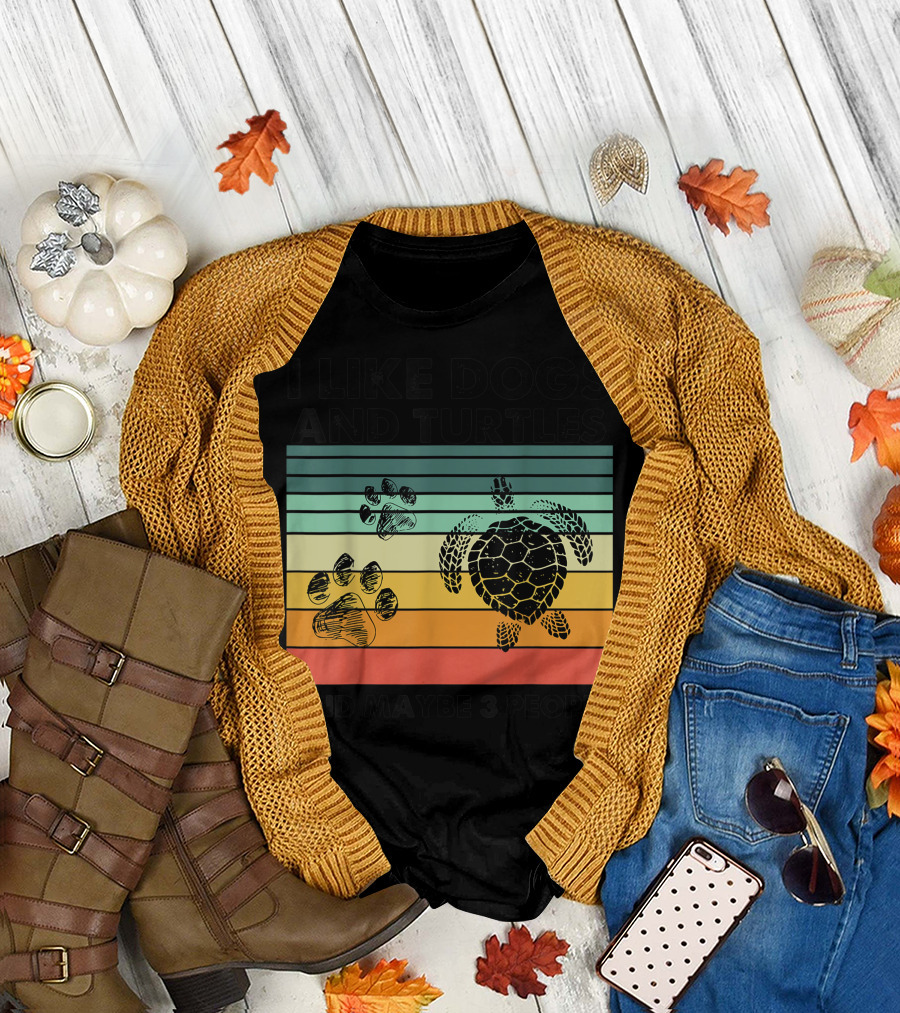 I Like Dogs and Turtles And Maybe 3 People Paw Prints and Turtle Stripes T-Shirt