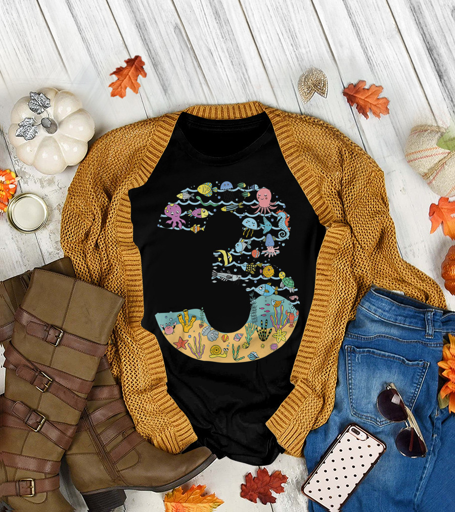Under The Sea Fish Starfish Octopus Seahorse Turtle Third Birthday Number 3 T-Shirt
