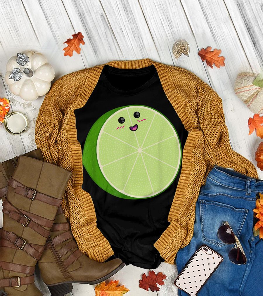 Big Sliced Lime Kawaii Halloween Citrus Fruit Face T-Shirt