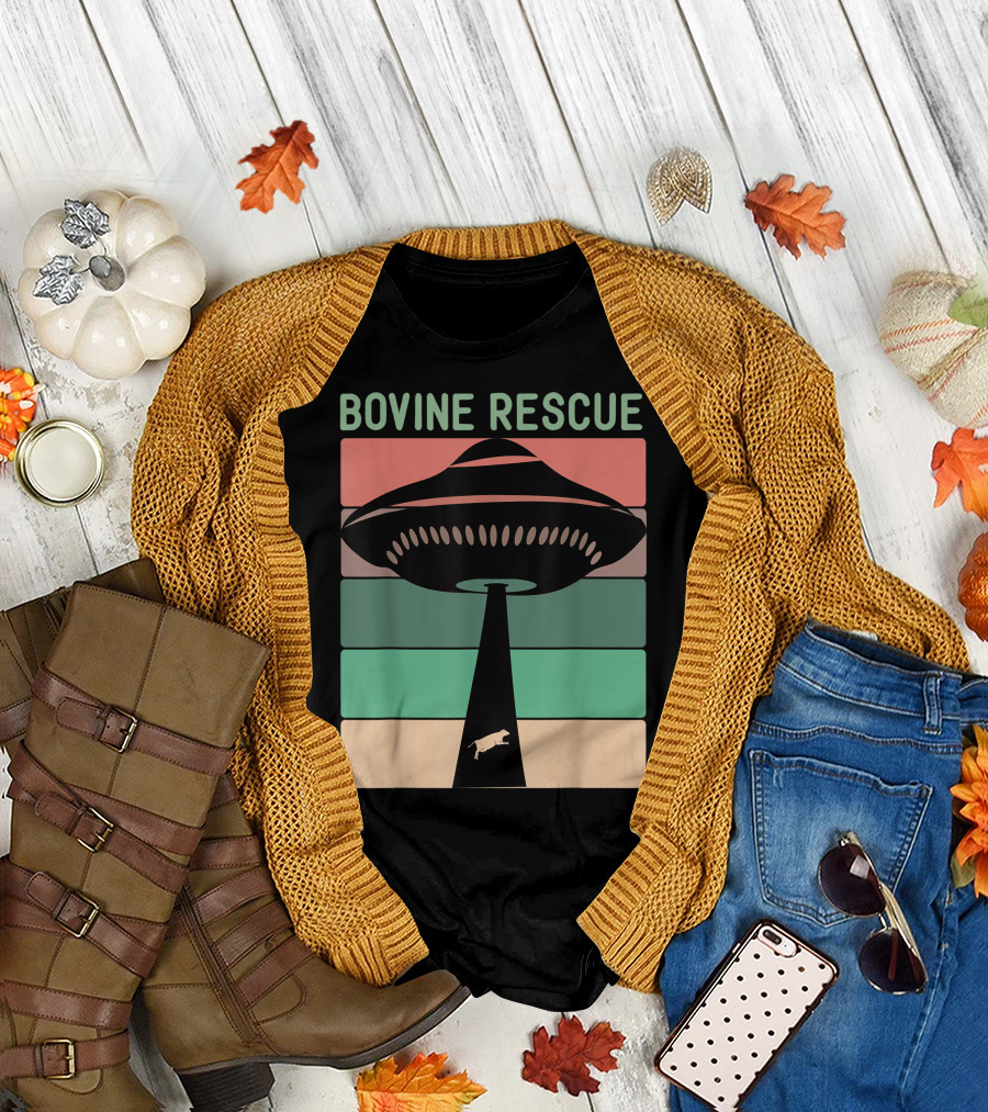 Bovine Rescue Vegan Rancher Alien UFO Cow Abduction Retro Stripes T-Shirt
