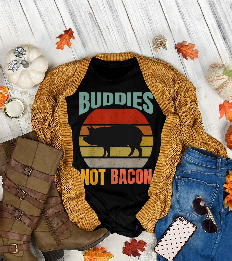 Buddies Not Bacon Cute Pig Vegan Vintage Piggy Retro Stripes T-Shirt