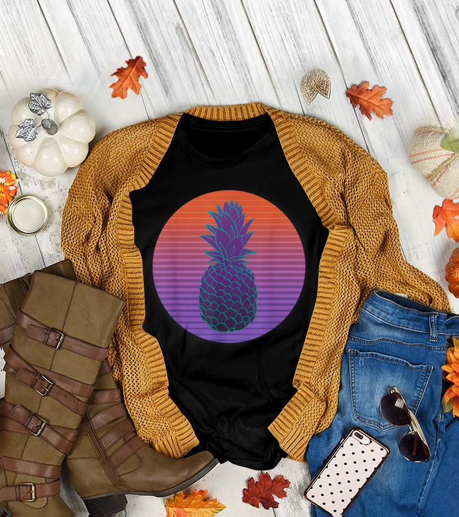 Classic Retro Sunset Striped Pineapple Fruit T-Shirt